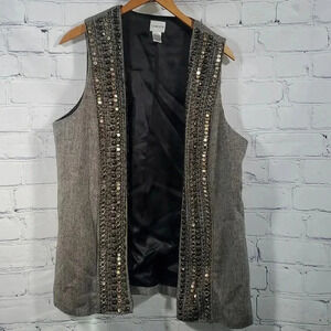 Chico’s Grey Tweed Plaid Embellished Vest Cardigan Size 2